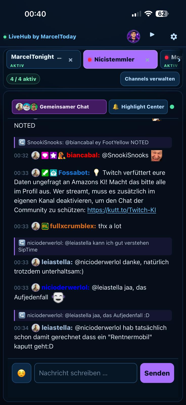 LiveHub auf einem Smartphone mit Channel-Tabs, gemeinsamem Chat und Highlight Center